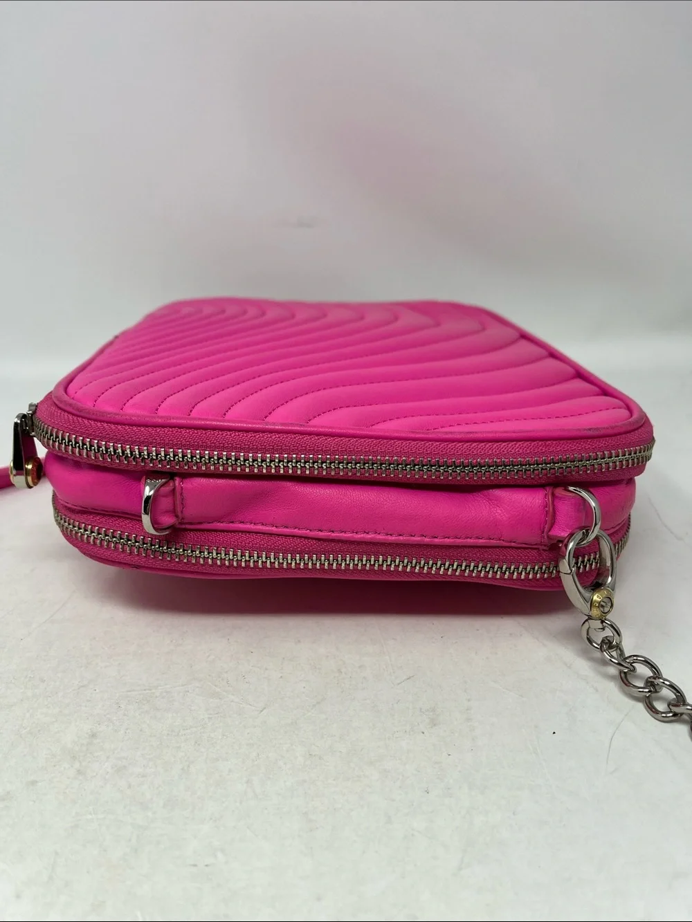 RARE Henri Bendel No. 7 East West Quilted Leather iPad Crossbody Bag - Hot Pink